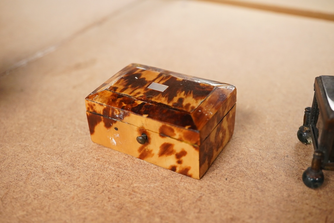 A 19th century miniature brass and agate trinket box and two early 19th century tortoiseshell needle boxes, largest 5.5cm wide x 2.5cm high